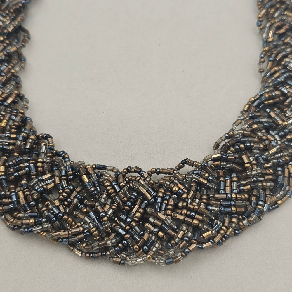 Braid Seed Bead Statement Necklace 21" Torsade Bronze Gold Tones Bib Boho Earthy - Picture 8 of 12